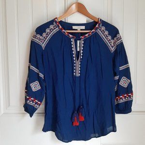 LOFT NWT Navy Embroidered Peasant Blouse SZ XS
